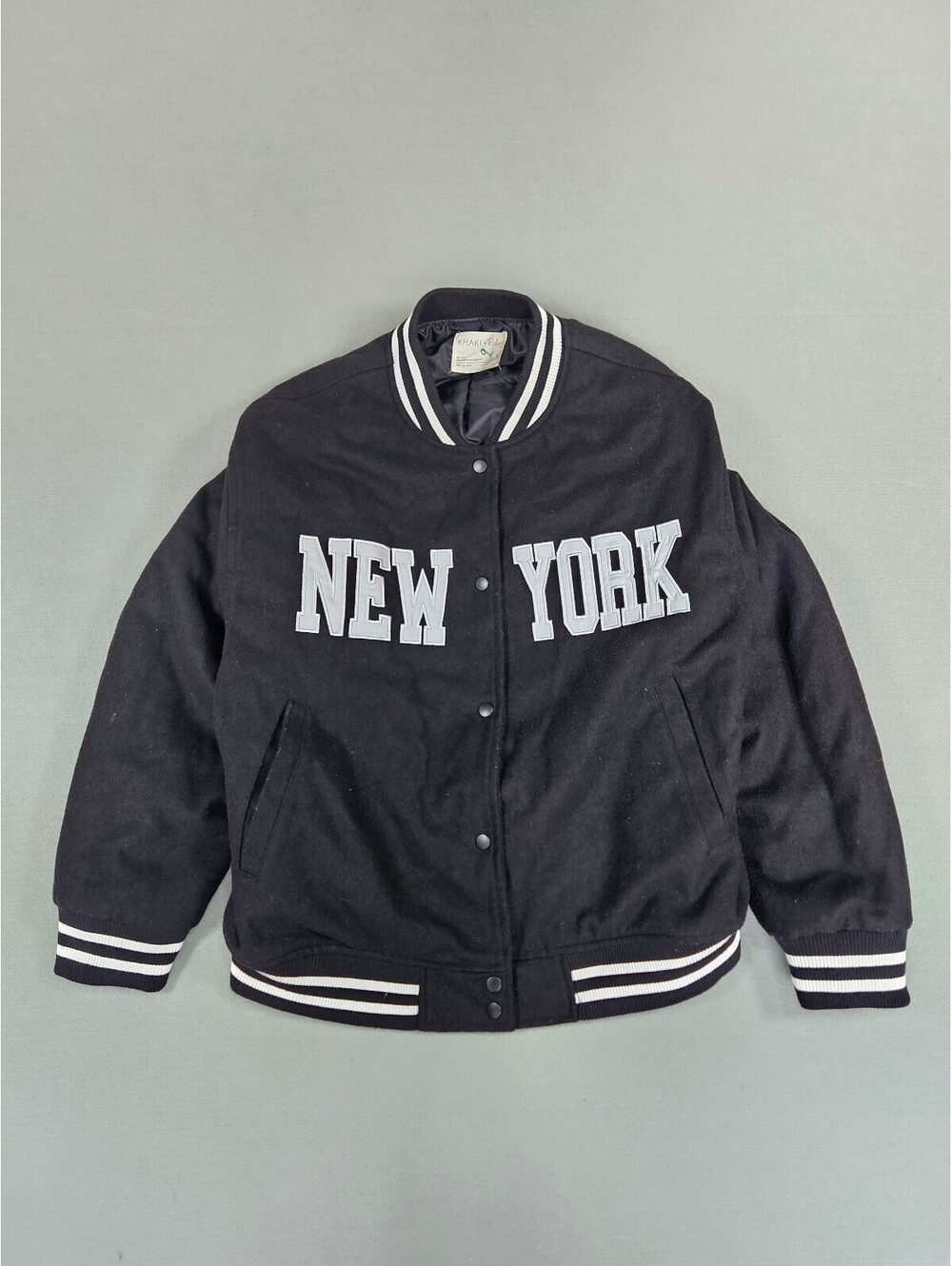 Khaki + Blue New York Varsity Bomber Jacket Black L